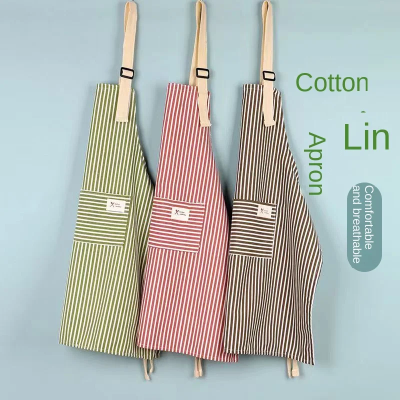 Embroidery Kitchen - Linnen gestreepte schort Unisex verstelbare keukenschort