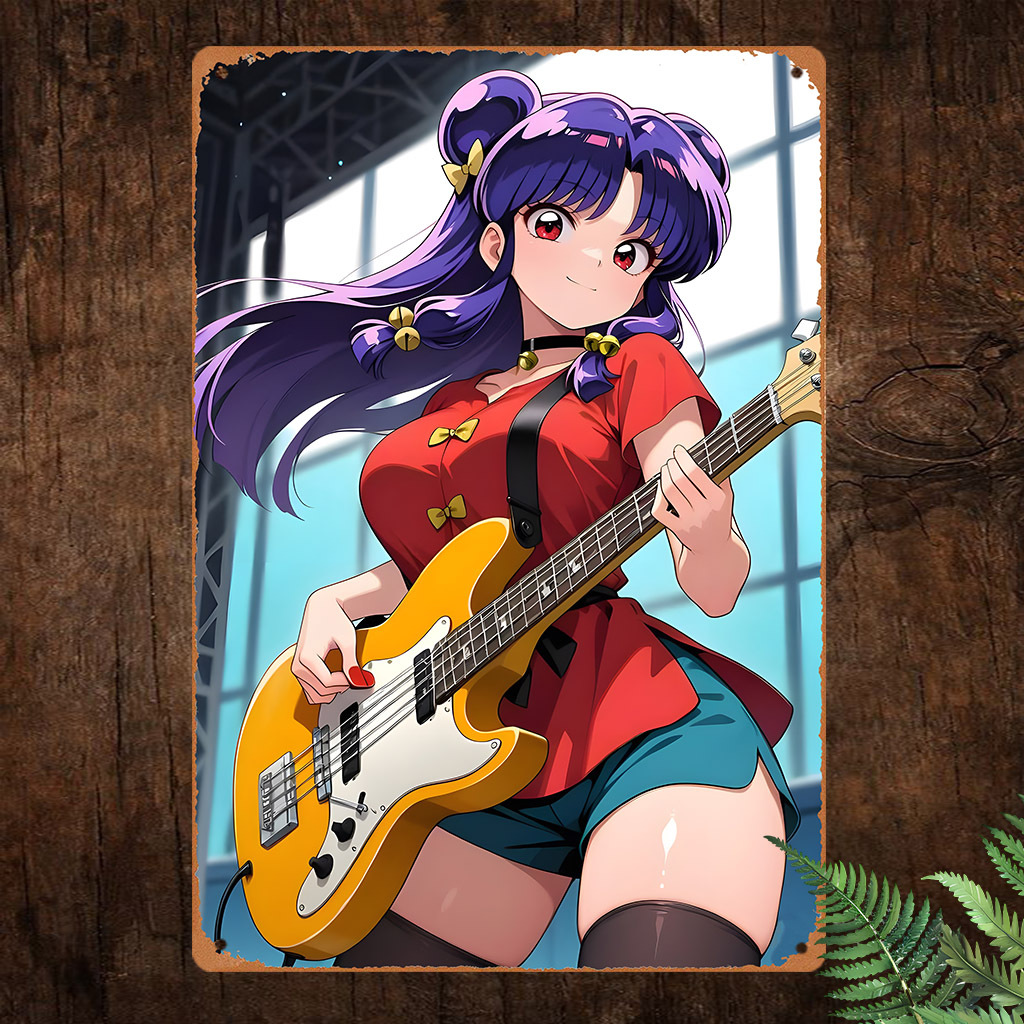 Embroidery Water - Vintage anime-geïnspireerd metalen bord met gitaar-meisje