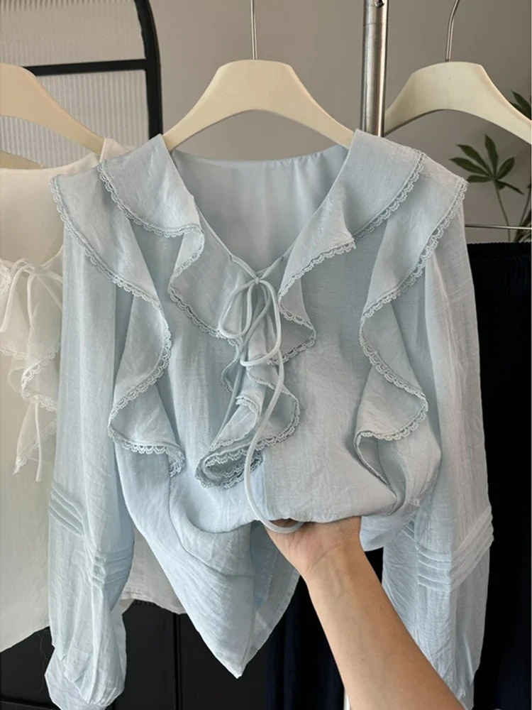 Embroidery Fashion - Franse V-hals chique blouse met lange
