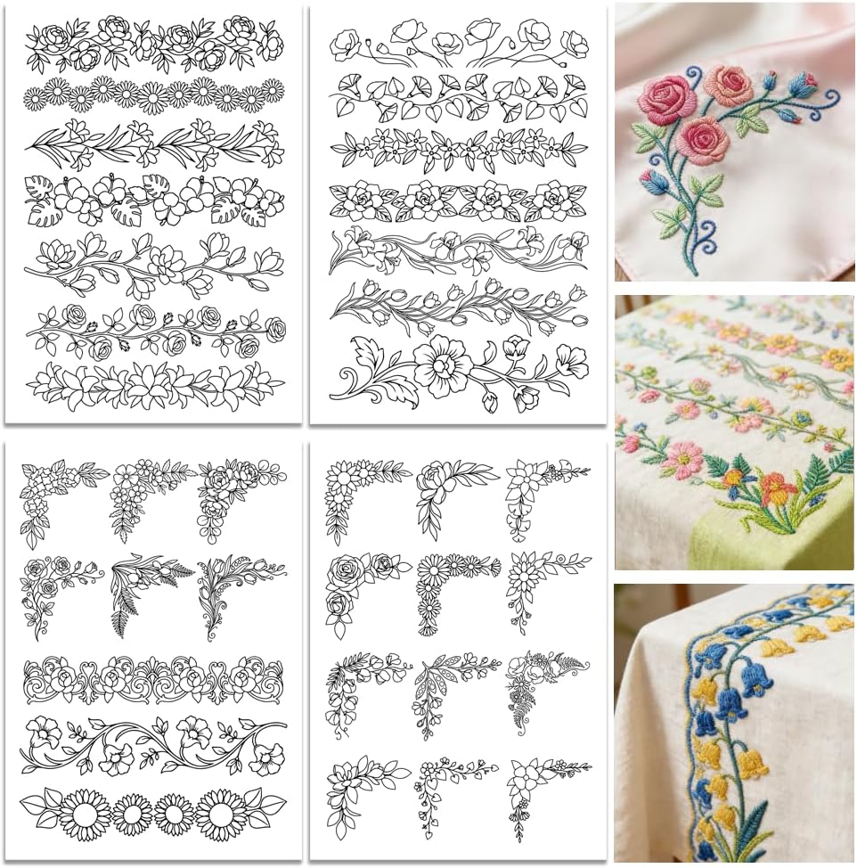 Embroidery Sheet - Voorgedrukt groot bloemenrand- en hoekborduurpleisterpapier, wateroplosbaar,